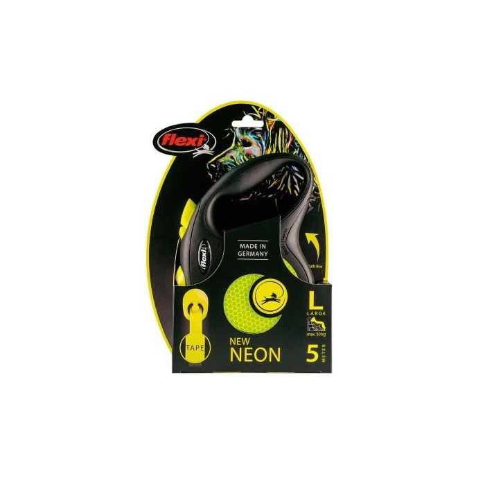 Flexi Correa Classic Neon Reflect L Cinta 5M para Perros hasta 50kg, Color Neón Reflectante, Cinta Robusta, Fabricada en Alemania