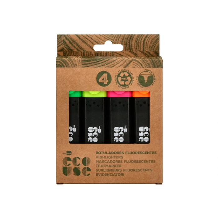 Liderpapel Rotulador Fluorescente Ecológico de Plástico Reciclado, Caja de 4 Unidades, Colores Surtidos 1