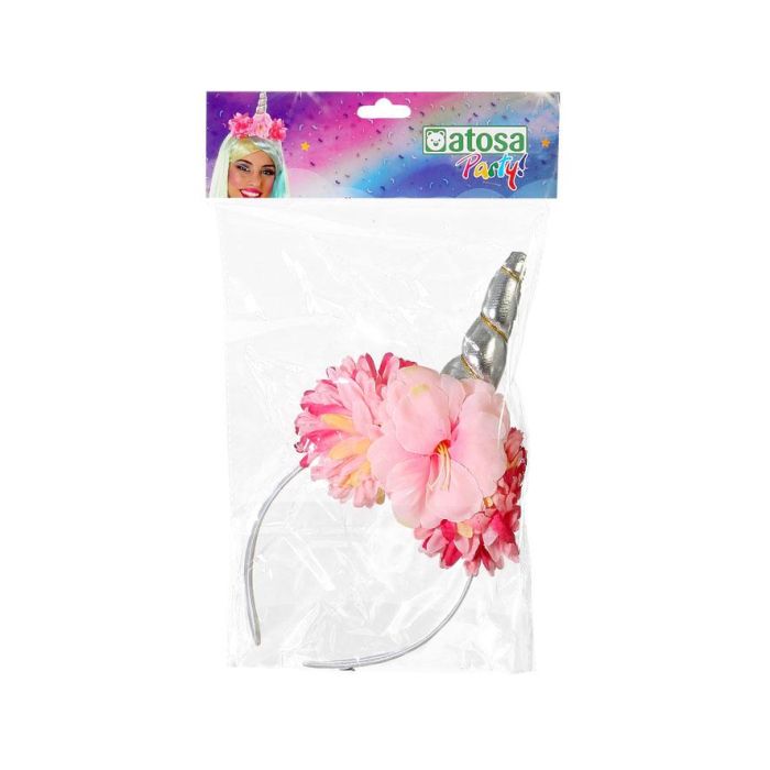 Diadema Carnaval Unicornio Mujer Adulto con Cuerno Plateado y Flores Rosadas 1