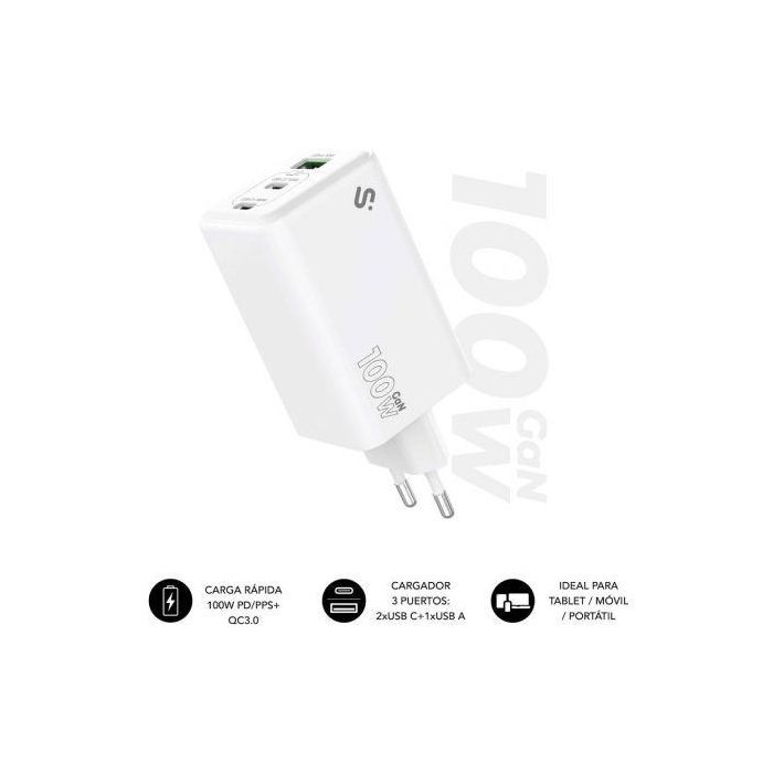 Subblim SUBCHG-6G3510 Cargador GaN 35W USB-C con Power Delivery 3.0 PPS, Ultra Compacto de Pared Universal, Blanco