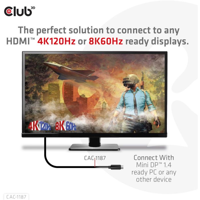 Club3D CAC-1187 Cable Mini DisplayPort 1.4 a HDMI 2.1 Macho/Macho 1.8m, Soporta 8K@60Hz/4K@120Hz, HDR, HDCP 4 Club3D CAC-1187 Cable Mini DisplayPort 1.4 a HDMI 2.1 Macho/Macho 1.8m, Soporta 8K@60Hz/4K@120Hz, HDR, HDCP 4