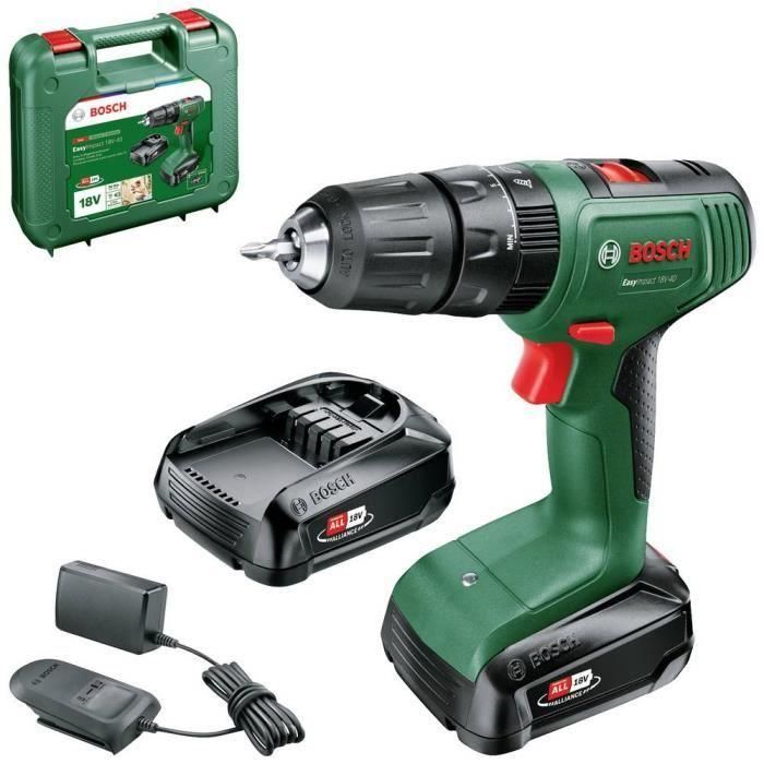 Taladro atornillador de impacto Bosch EasyImpact 18V40 + (batería 2x2.0Ah) + cargador AL18V-20 en estuche de transporte