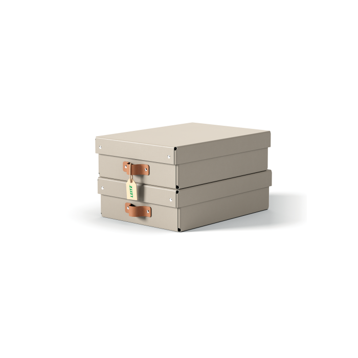Leitz Caja Almacenaje Cartón Mediana Baja con Asa de Piel Beige, Pack 2 Unidades, 8L, A4, Apilable
