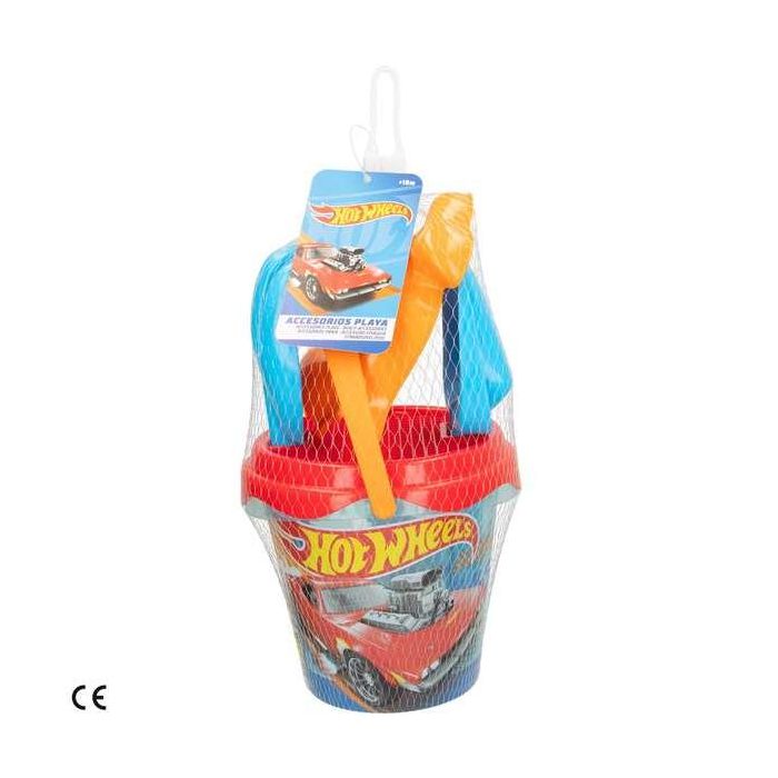 Cubo playa hot wheels 14 cm con pala,rastrillo,cedazo y 1 molde en red - modelos surtidos 3