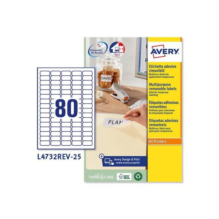 Etiquetas Adh.Impr.Avery A4 Blanca C.Romos Removible Caja 25H 35,6X16,9 Mm 2.000 Uds.(L4732Rev)