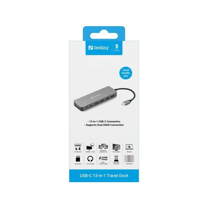 Sandberg USB-C 13-in-1 Travel Dock Estación de Conexión para Portátil con 4 Puertos USB, 3 Monitores (2xHDMI, 1xVGA), Ethernet, Audio y Lector de Tarjetas 3