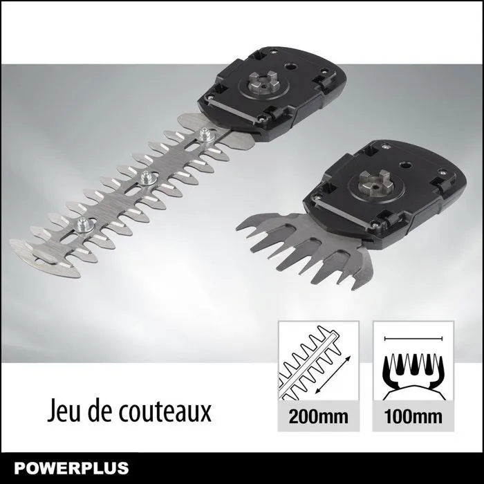 Powerplus Cortacésped y Cortasetos Inalámbrico 7.2V, Ancho Corte Césped 100 mm y Setos 180 mm, Hoja Inclinable 30°