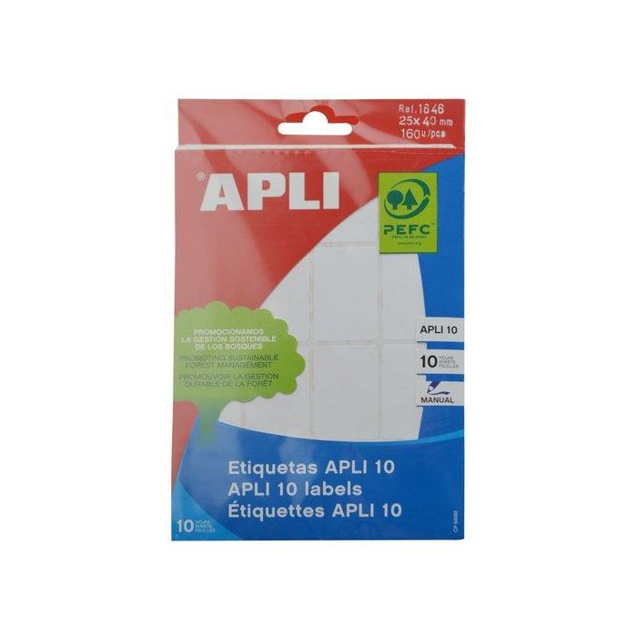 Apli Etiquetas Adhesivas Blancas 25x40 mm, Pack 10 Hojas (160 Etiquetas), Escritura Manual