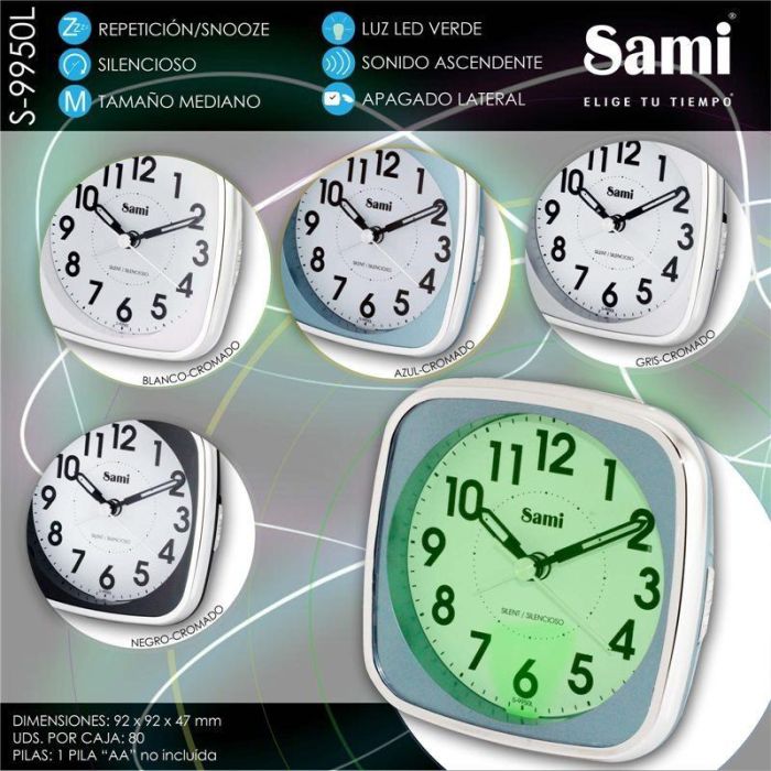 SAMI Despertador Analógico Silencioso con Pantalla LED Grande Verde y Plata - DESPERTADOR SAMI ANALOG SILEN.GDE.LED VERDE,PLATA