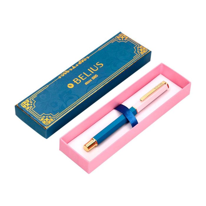 Boligrafo Belius Macaron Bliss Forma Hexagonal Color Rosa- Azul Y Dorado Tinta Azul Caja De Diseño 4