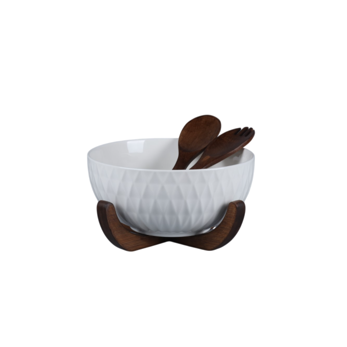 DKD Home Decor Ensaladera Basicos Set de 3 Piezas Porcelana y Bambu Blanco Marron Oscuro 27x27x17 cm Hecho a Mano Apto Lavavajillas