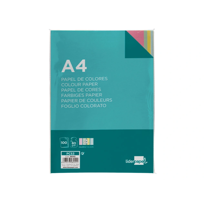 Liderpapel Papel Color A4 80gr Paquete 100 Hojas 4 Colores Surtidos 2