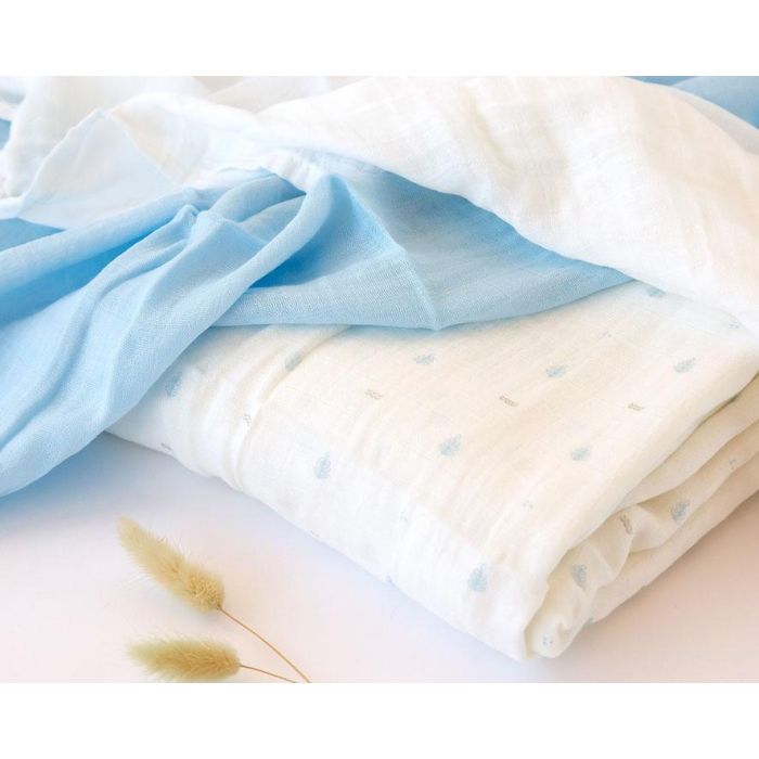 KioKids Set 3 Muselinas Azul, Blanco y Estampado 70x70 cm 1