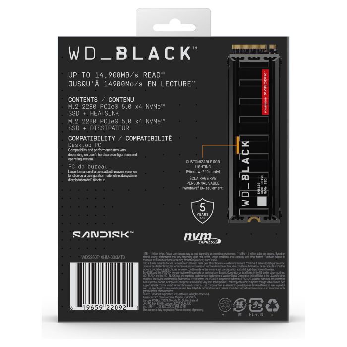 SanDisk WD_BLACK SN8100 SSD NVMe M.2 2280 2TB PCIe 5.0 x4 con Disipador de Calor - TLC 3D NAND 7 SanDisk WD_BLACK SN8100 SSD NVMe M.2 2280 2TB PCIe 5.0 x4 con Disipador de Calor - TLC 3D NAND 7