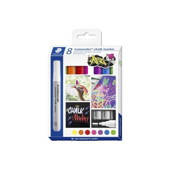 Staedtler Marcador De Tiza Líquida Lumocolor 344 C-Surtidos, Estuche 8 Ud - Para Pizarras, Vidrio, Espejos
