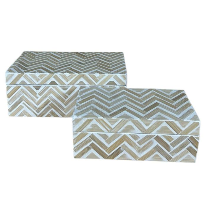 DKD Home Decor Caja Tropical Colección Raviet de Bambú y Resina Acabado Natural Mosaico Surtido Marrón Blanco Set de 2 (16x12x30 cm)