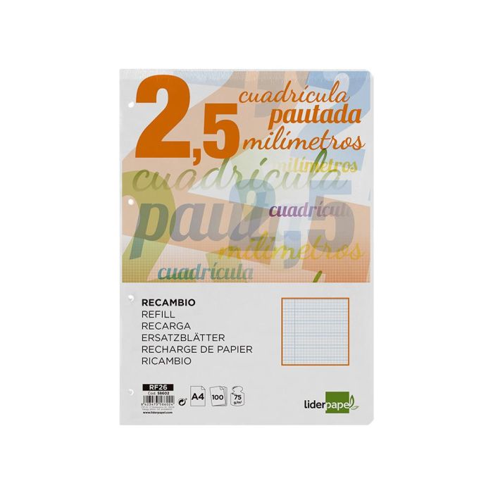 Recambio Liderpapel A4 Pautaguia 100 Hojas 75 gr-M2 Cuadriculado Pautado 2,5 mm Con Margen 4 Taladros 1