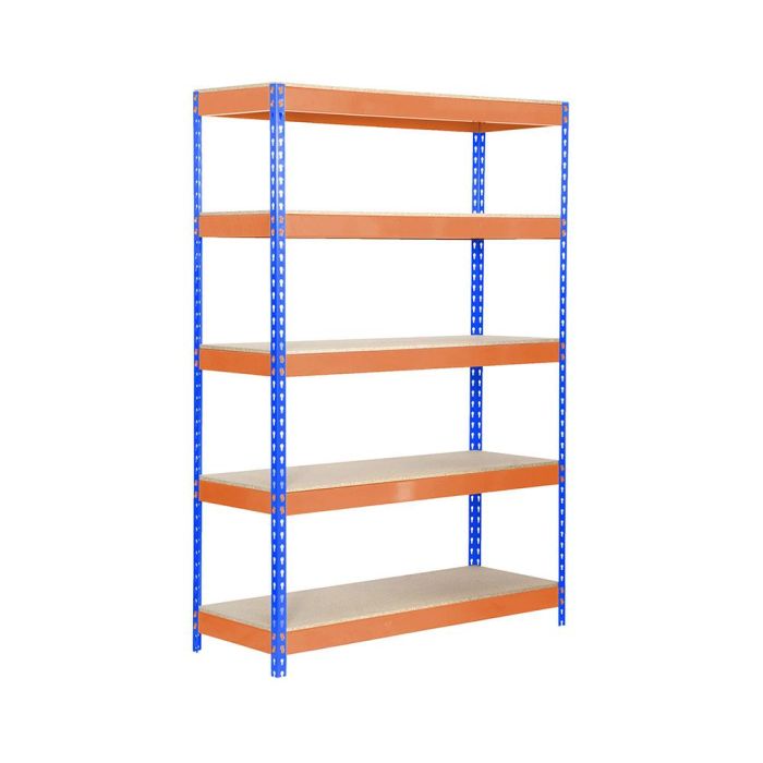 Simon Rack Estantería metálica sin tornillos azul/naranja/madera, 5 estantes, 300kg por estante, 2000x1200x600mm Simon Rack Estantería metálica sin tornillos azul/naranja/madera, 5 estantes, 300kg por estante, 2000x1200x600mm