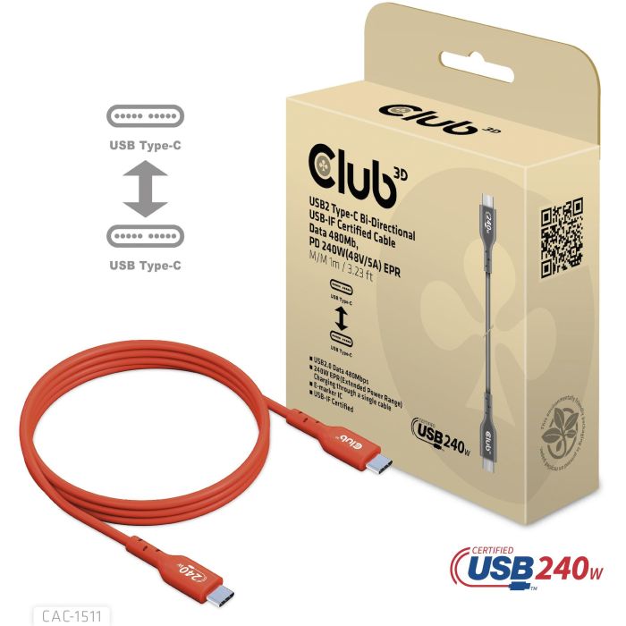 Club3D Kabel USB 2 Typ C PD 240W / 480Mb 1m St/St 7 Club3D Kabel USB 2 Typ C PD 240W / 480Mb 1m St/St 7