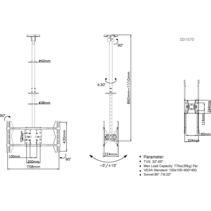 EQUIP Soporte TV Techo Doble Pantalla 39"-75" 2TFT hasta 80kg Inclinable Ajustable Negro 6