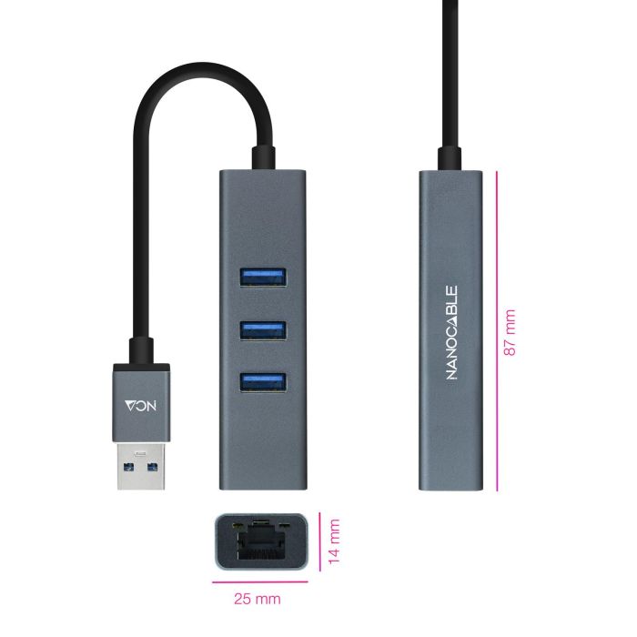 Nanocable 10.03.0407 Hub USB 3.0 a Ethernet Gigabit con 3xUSB 3.0 y RJ45. Conversor Aluminio Gris 15 cm para Windows Mac Linux 1