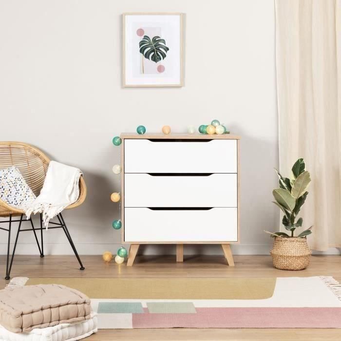 FINLANDEK VANKKA Cómoda Cajonera Escandinava, 3 Cajones, Roble y Blanco Mate, Patas Madera Maciza, 80x42x86 cm 1 FINLANDEK VANKKA Cómoda Cajonera Escandinava, 3 Cajones, Roble y Blanco Mate, Patas Madera Maciza, 80x42x86 cm 1
