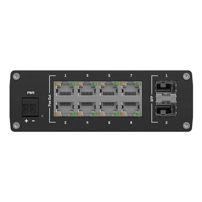 Teltonika Networks TSW200 - Conmutador Ethernet Industrial No Gestionado, 8 Puertos RJ-45 Gigabit, 2 Puertos SFP, PoE+ hasta 30W por Puerto, IP30 3