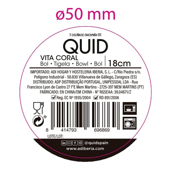 Bol Cerámico Coral Vita Quid 18 cm (6 Unidades)