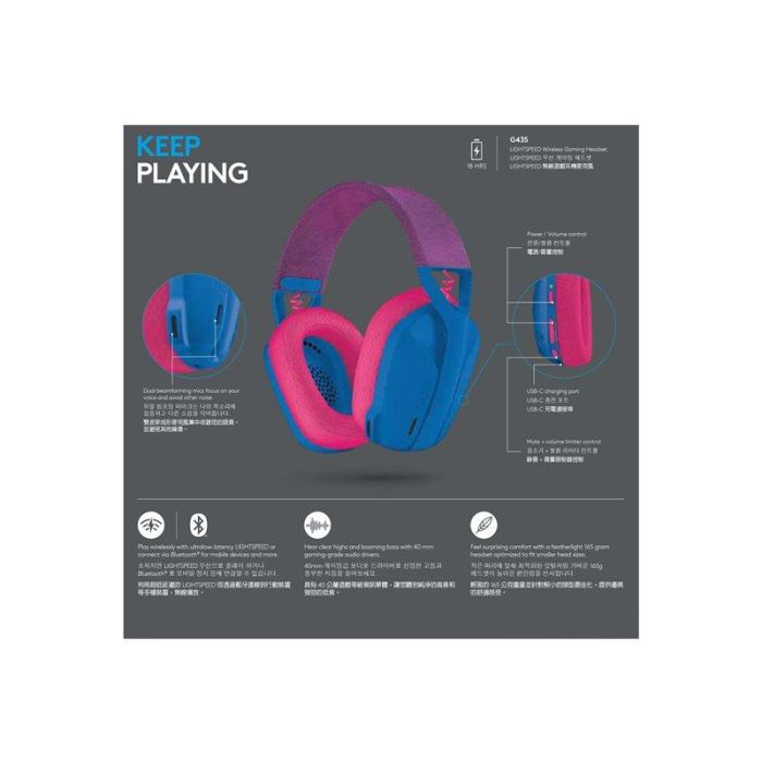 Logitech Auriculares G435 Gaming Inalámbricos Bluetooth/LIGHTSPEED con Micrófono Integrado, Sonido Envolvente Dolby Atmos, para PC y Consolas - Azul 6 Logitech Auriculares G435 Gaming Inalámbricos Bluetooth/LIGHTSPEED con Micrófono Integrado, Sonido Envolvente Dolby Atmos, para PC y Consolas - Azul 6