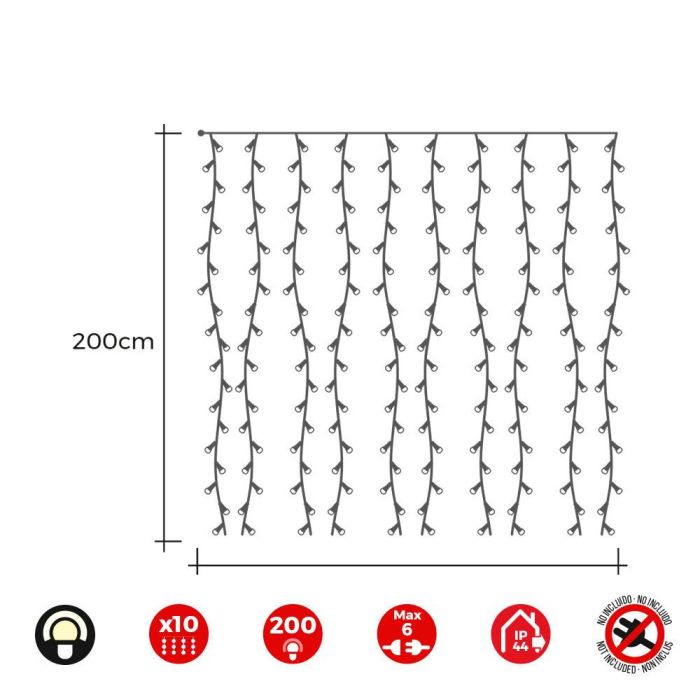 Edm Cortina LED Easy-Connect 2m, Blanco Cálido, 200 LEDs, 3.2W, IP44, Hasta 6 Interconexiones 1 Edm Cortina LED Easy-Connect 2m, Blanco Cálido, 200 LEDs, 3.2W, IP44, Hasta 6 Interconexiones 1