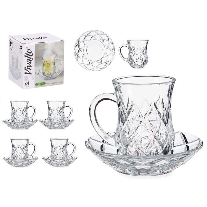 Vivalto Juego de 4 Tazas de Vidrio Transparente Rombos con Plato a Juego, 125 ml - Medidas 12x9x12 cm (12 Unidades) Vivalto Juego de 4 Tazas de Vidrio Transparente Rombos con Plato a Juego, 125 ml - Medidas 12x9x12 cm (12 Unidades)