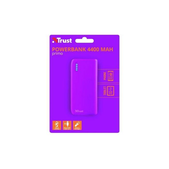 BATERÍA EXTERNA TRUST PRIMO POWERBANK 4400 NEÓN PURPLE - 4400MAH - 5W/1A - FUNCIÓN LINTERNA - CABLE MICROUSB - UNIVERSAL 2