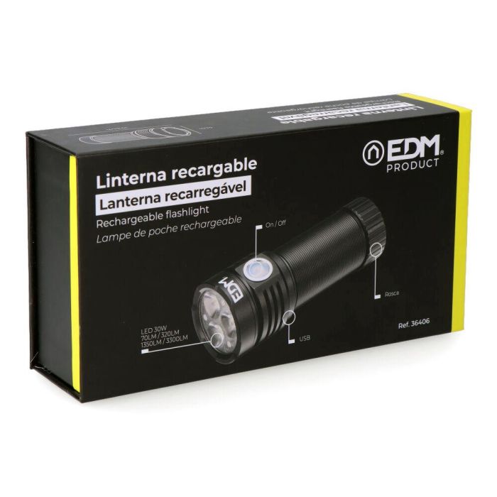 Edm Linterna LED 30W 3300lm Recargable, Aluminio, 3 LEDs, USB Tipo C, IP54 3 Edm Linterna LED 30W 3300lm Recargable, Aluminio, 3 LEDs, USB Tipo C, IP54 3