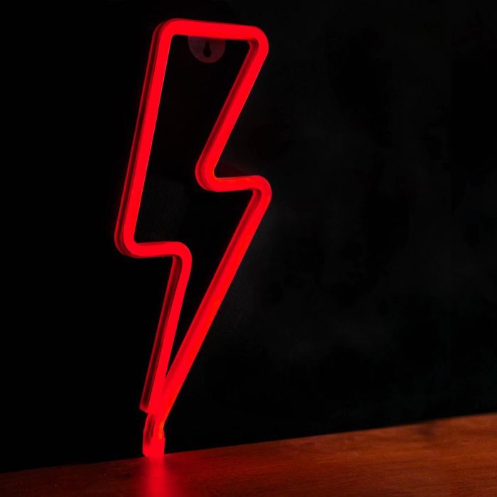 Forever Lampara Forever Neon Led Light Bolt - Luz LED Neon Decorativa Rayo Rojo con Soporte de Sobremesa, USB o Pilas