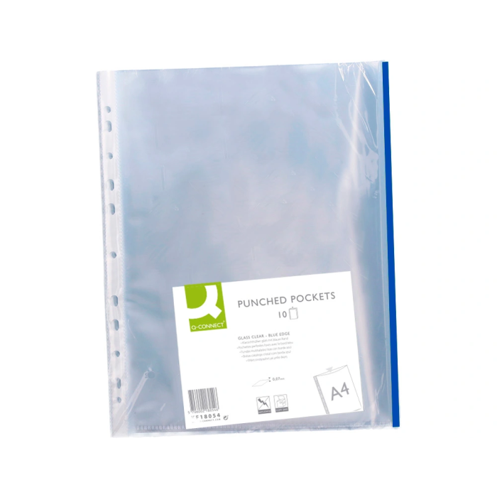 Q-connect Funda Multitaladro Cristal Din A4 70 mc con Borde Azul, Bolsa 10 Unidades 1