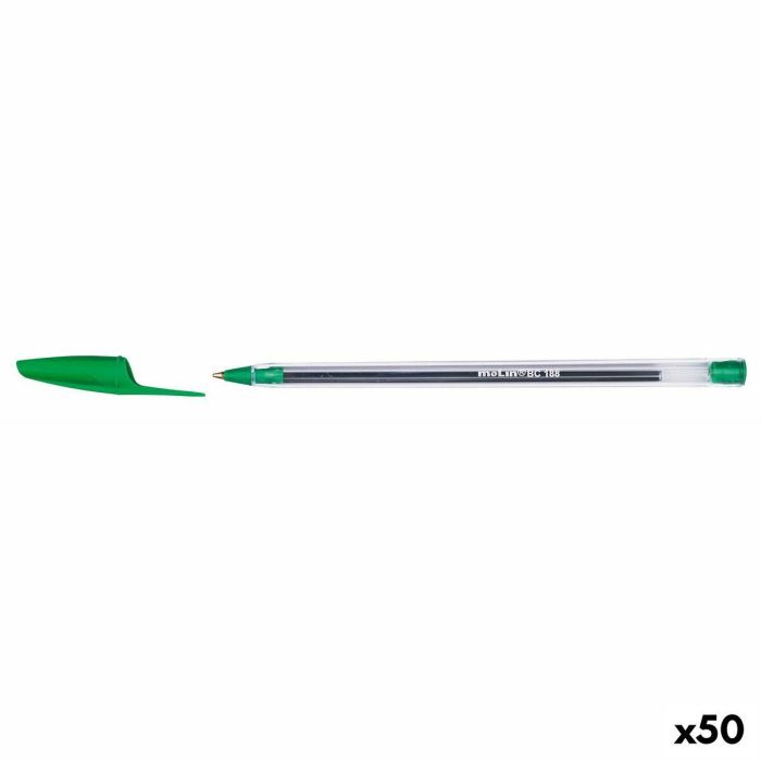 Molin Bolígrafo Basic Cristal Verde, Punta Fina, Caja de 50 Unidades, Tinta Secado Rápido para Escritura Homogénea y Cómoda