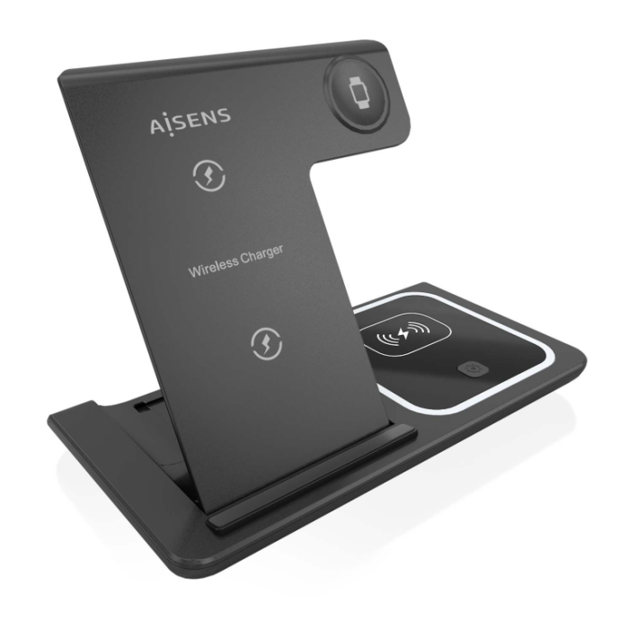 Aisens Cargador Inalámbrico USB-C 3 en 1 de 15W para Móvil, Apple Watch y Auriculares, Negro