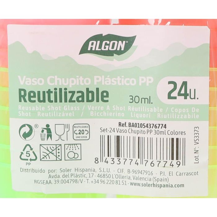 Algon Set 24 Vasos Chupito PP 30 ml Colores 4 cm ø (24 Unidades)