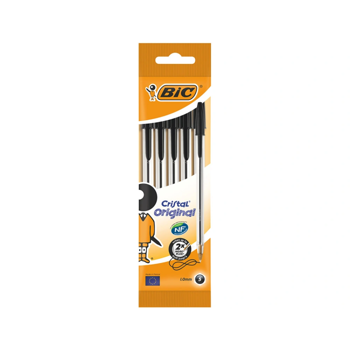 Bic Bolígrafo Cristal Original Tinta Negra Bolsa 5 Unidades Punta Media 1mm Trazo 0.32mm 5