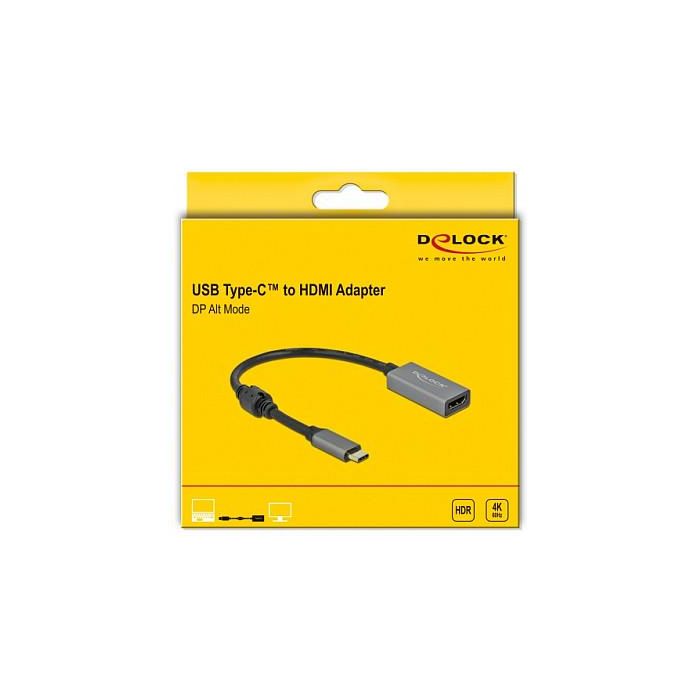 DeLOCK Adaptador Activo USB Type-C a HDMI, DP Alt Mode, 4K Ultra HD a 60Hz, HDR, Longitud de Cable 0.2m, Compatible con Windows y macOS, Negro/Gris 1