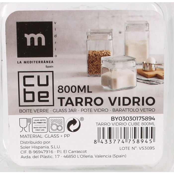 La Mediterranea Tarro Vidrio Cube 800Ml 11.5 x 11.4 x 11.4 cm (12 Unidades)