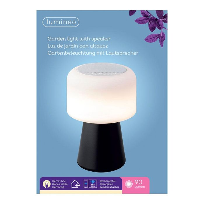 Lumineo 894415 Lámpara LED con Altavoz Bluetooth Recargable para Exterior e Interior, IP44, 22.5 cm, Negro y Blanco 1