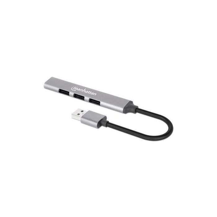 MANHATTAN 168427 Hub USB-A 4 Puertos (3x USB 2.0, 1x USB 3.2 Gen 1) hasta 5000 Mbit/s, Gris Aluminio