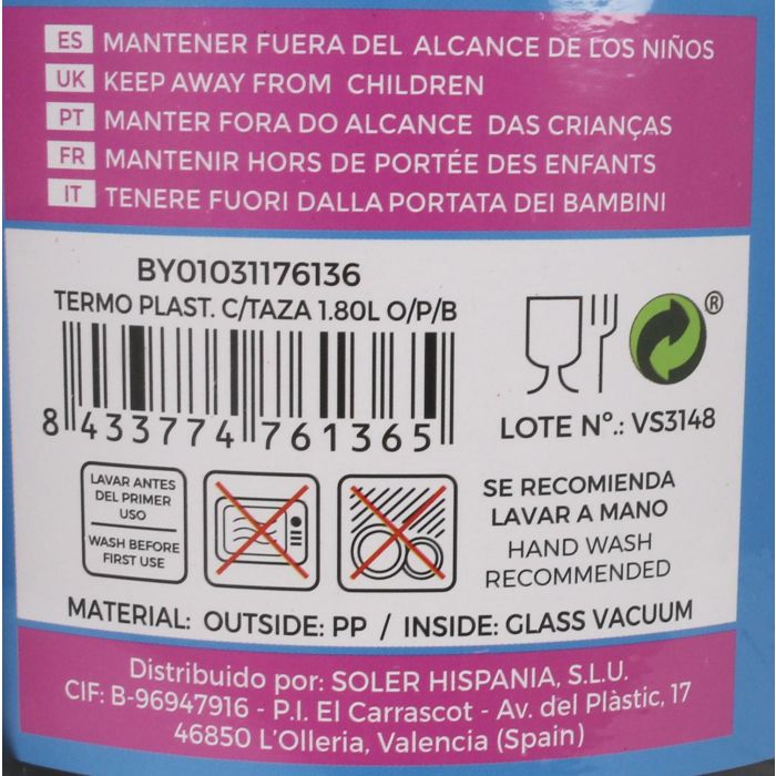 Thermosport Termo Plástico con Taza 1.80L - Colores O/P/B (6 Unidades) 4