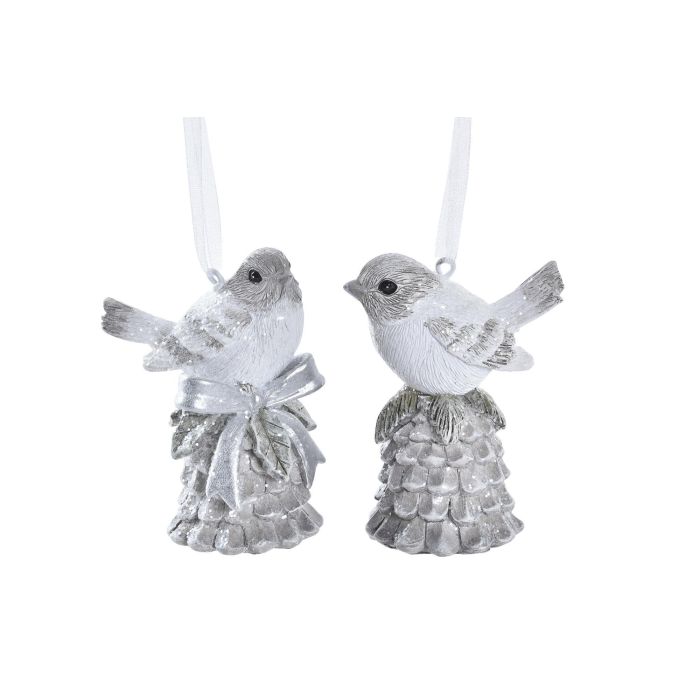 DKD Home Decor Decoración Colgante de Navidad Moderna con Diseño de Pájaro, Resina, Blanco Gris, 4x7.5x5 cm, Pack 12 Unidades Surtidas
