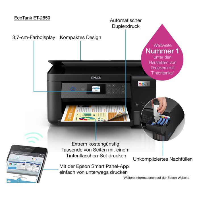 Epson ET-2850 Impresora Multifunción 3 en 1, Inyección de Tinta A4, Wi-Fi, Dúplex Automático, Color Negro 6