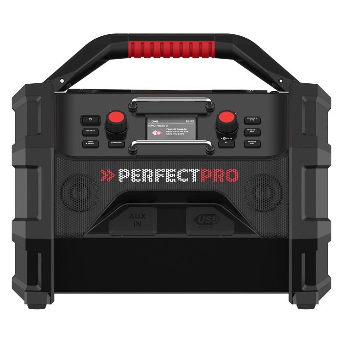 PerfectPro ROCKTAGON Radio de obra digital 30W DAB+ FM Bluetooth 5.2 IP65, 4 altavoces, compatible baterías 18V Bosch Makita DeWalt Milwaukee, USB, Negro/Rojo