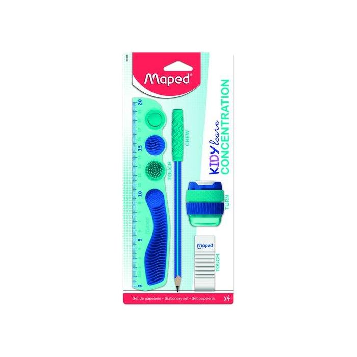 Maped Kit escolar Kidylearn Concentration Azul 4 piezas, estimulación sensorial TDAH/Autismo (regla, goma, sacapuntas, lápiz mordedor)