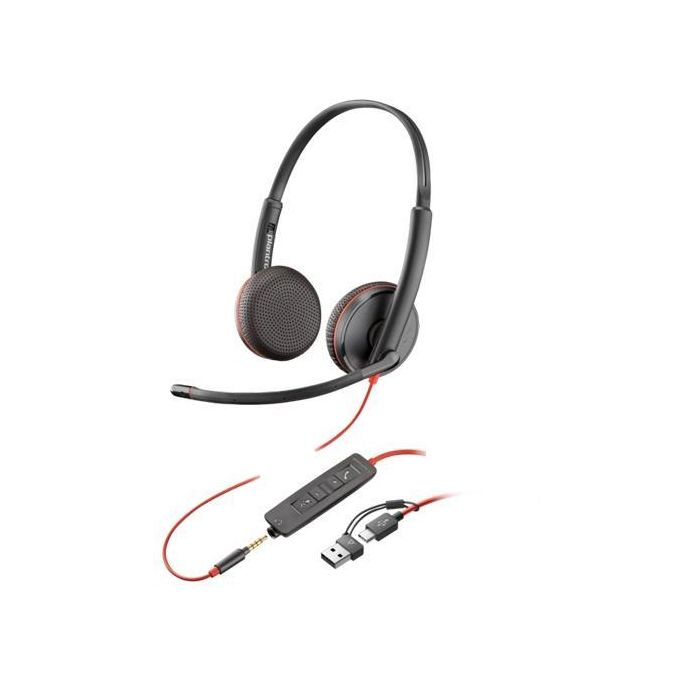 HP Auriculares Blackwire C3225 Diadema Estéreo con Micrófono, Control de Volumen, Jack 3.5 mm con Adaptador USB-C a USB-A Negro