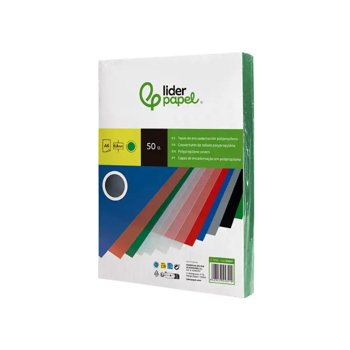 Liderpapel Tapas Encuadernacion Polipropileno A4 0.8mm Verde Opaco Paquete 50 Unidades 3